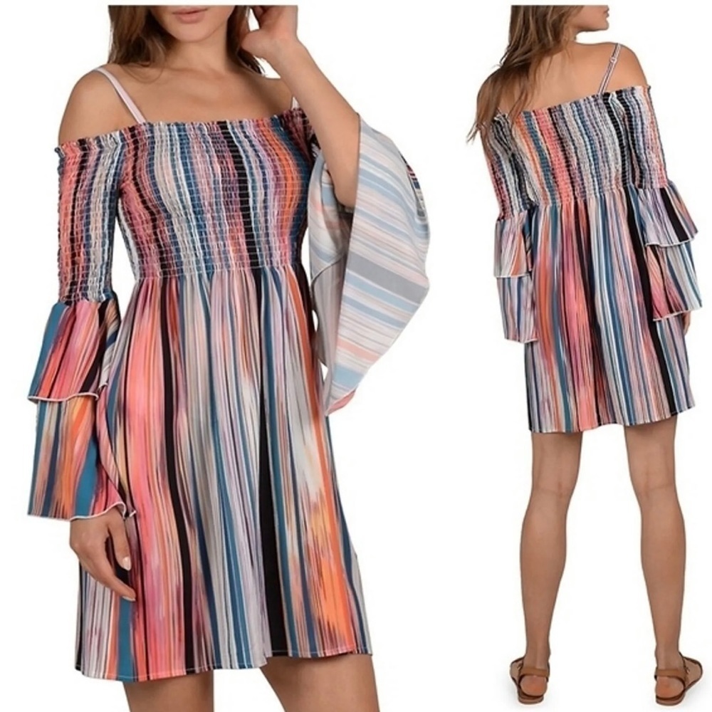 Molly Bracken Boho Off Shoulder Smocked Peasant Dress | Multicolor | Size L